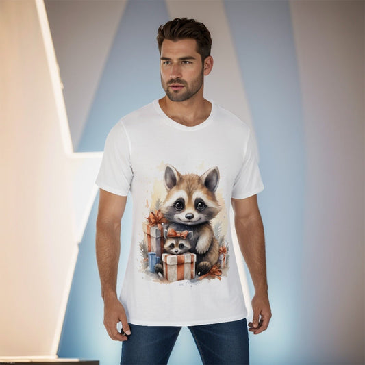 Mens Short Sleeve Christmas Tee - Watercolour Cute Raccoon - Festive Style