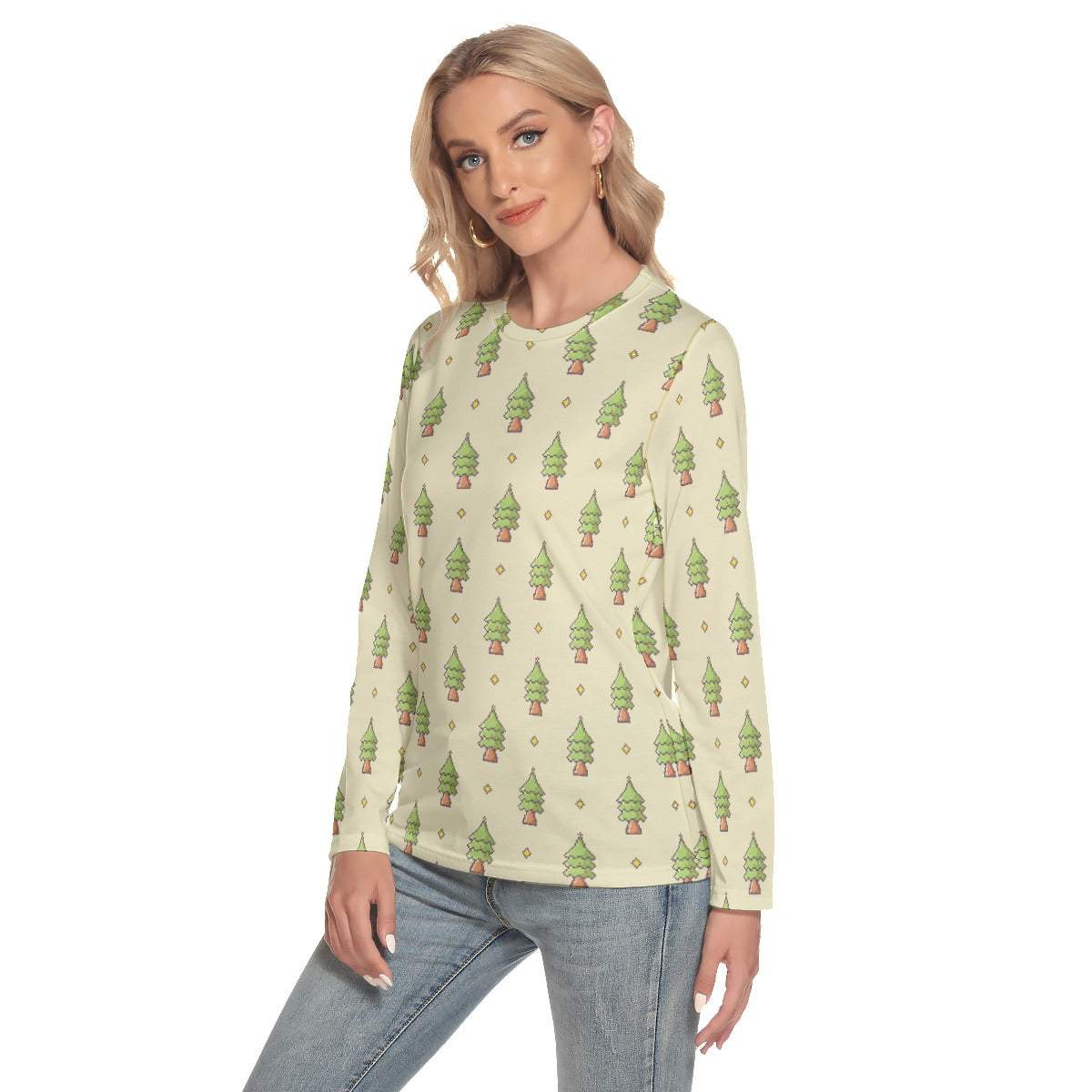 Women's Long Sleeve Christmas T-shirt - 16-Bit Christmas Trees