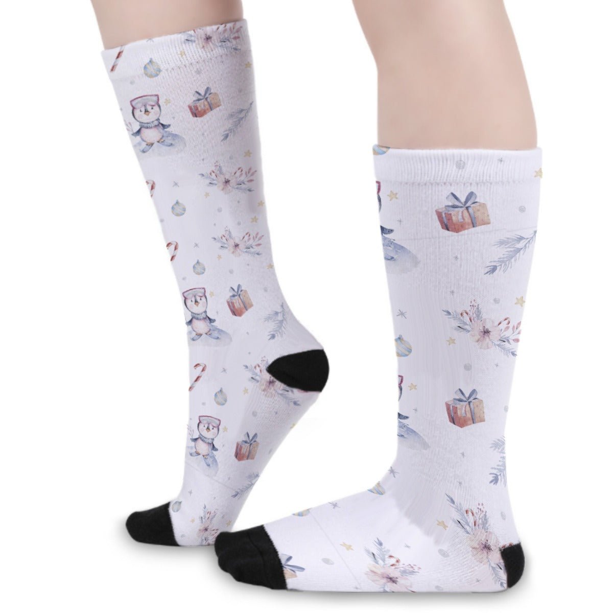 Unisex Long Socks - Watercolour Penguins - Festive Style