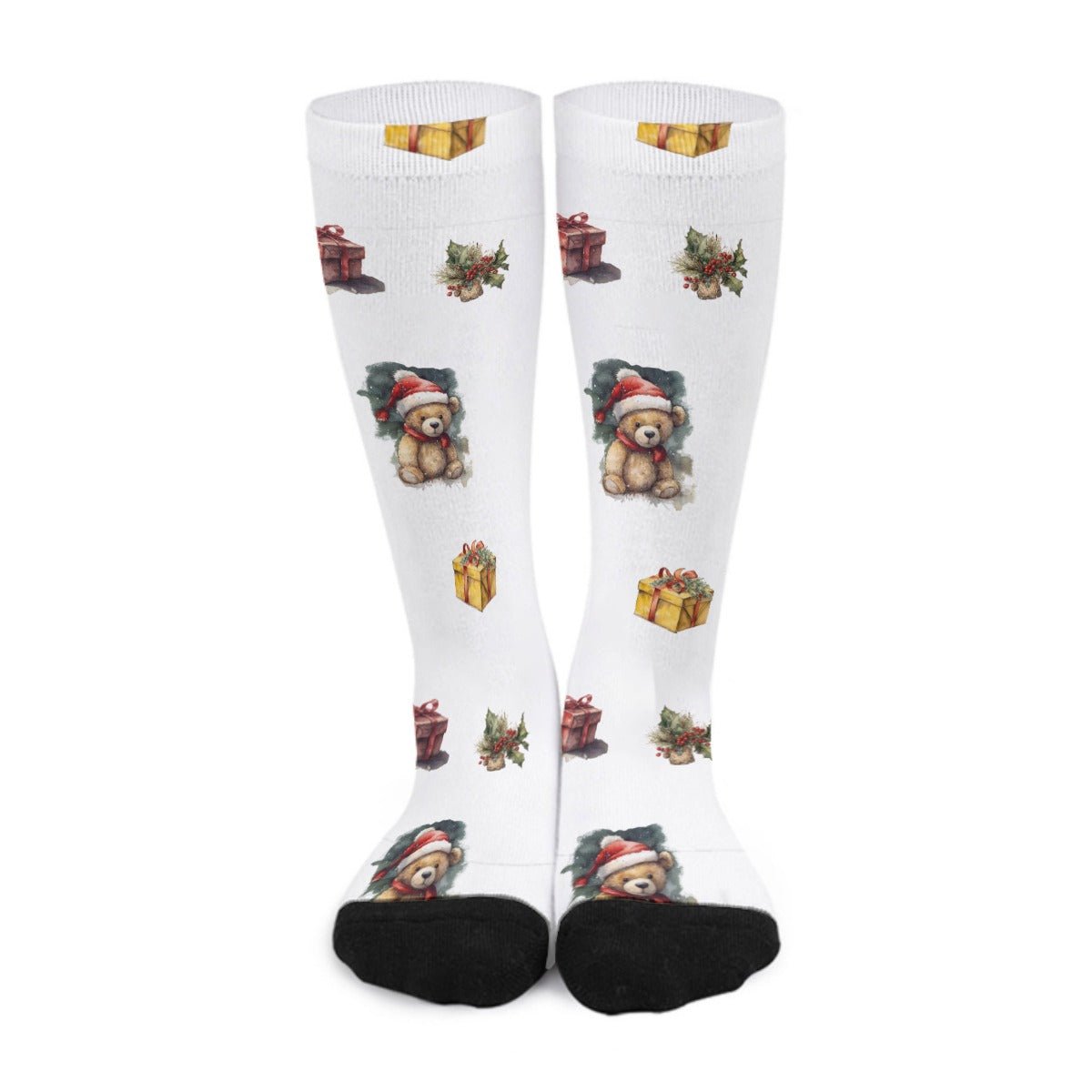 Unisex Long Socks - Watercolour Teddies - Festive Style