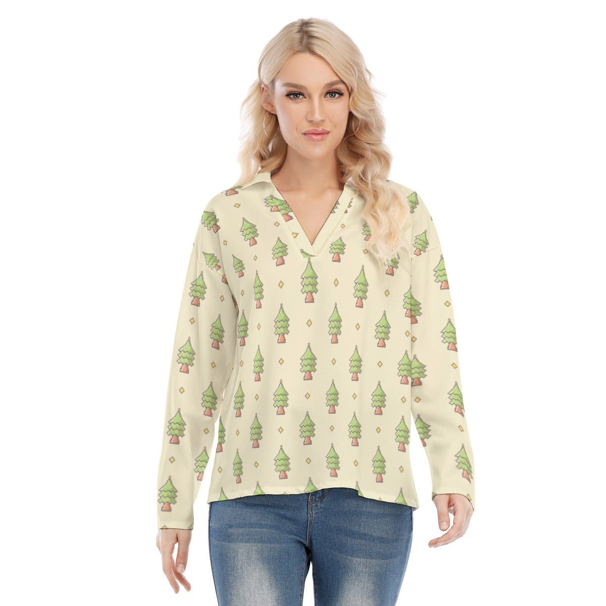 Women's Christmas Blouse - 16-Bit Christmas Trees - Festive Style