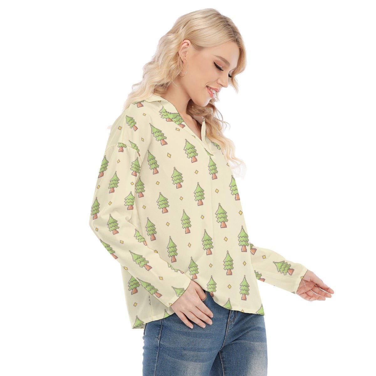 Women's Christmas Blouse - 16-Bit Christmas Trees - Festive Style