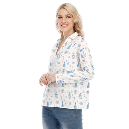 Women's Christmas Blouse - Blue Pattern - Festive Style