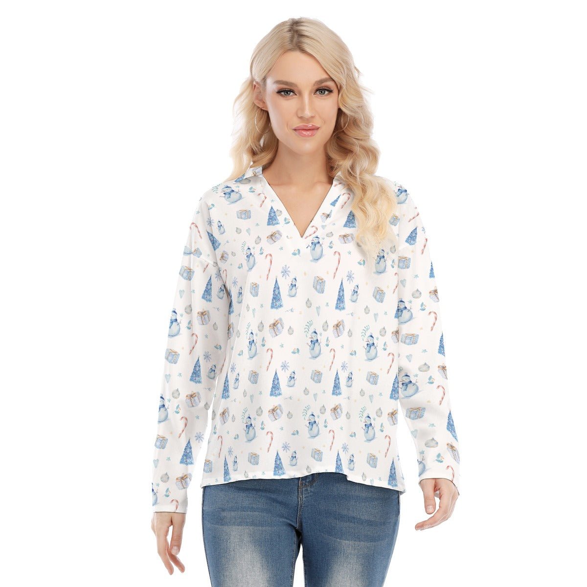 Women's Christmas Blouse - Blue Pattern - Festive Style