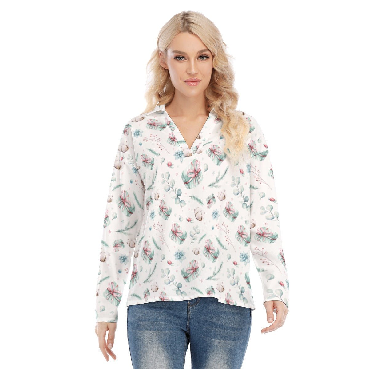 Women's Christmas Blouse - Green Pattern - Festive Style