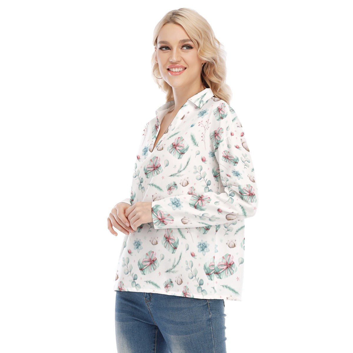 Women's Christmas Blouse - Green Pattern - Festive Style