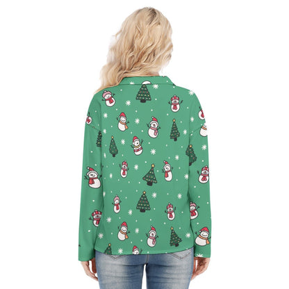 Women's Christmas Blouse - Green Snowman - Festive Style