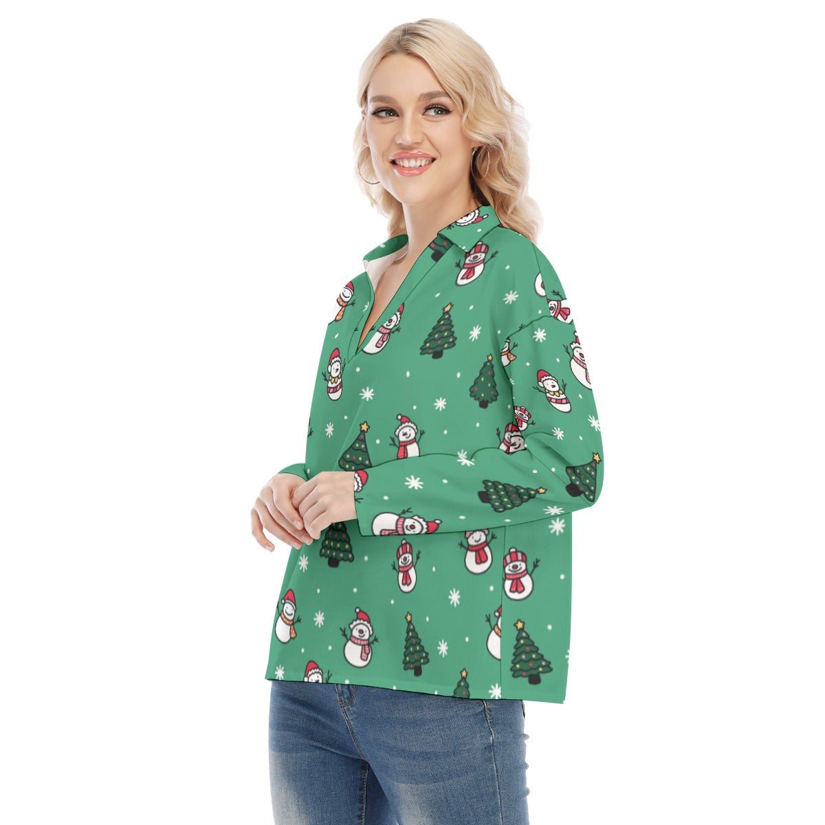 Women's Christmas Blouse - Green Snowman - Festive Style