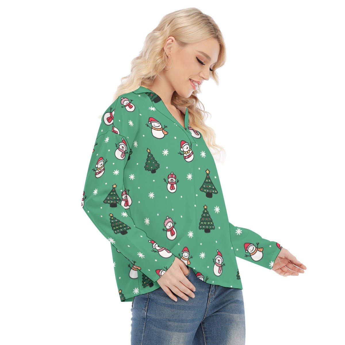 Women's Christmas Blouse - Green Snowman - Festive Style