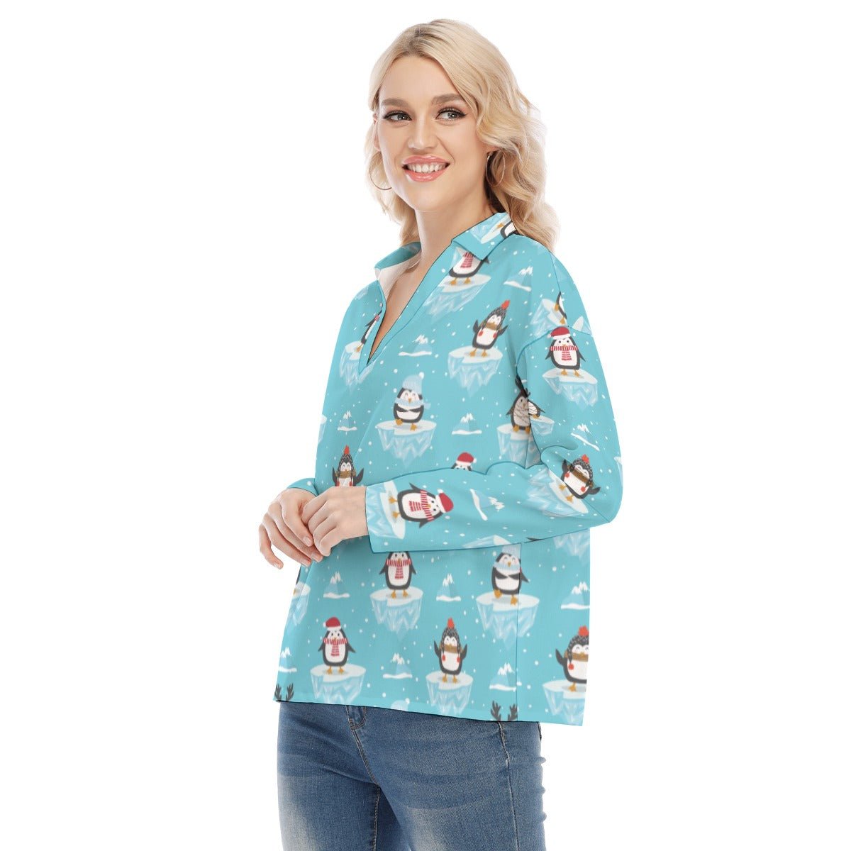 Women's Christmas Blouse - Icy Penguins - Festive Style