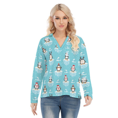 Women's Christmas Blouse - Icy Penguins - Festive Style