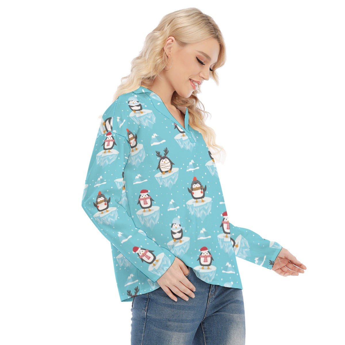 Women's Christmas Blouse - Icy Penguins - Festive Style