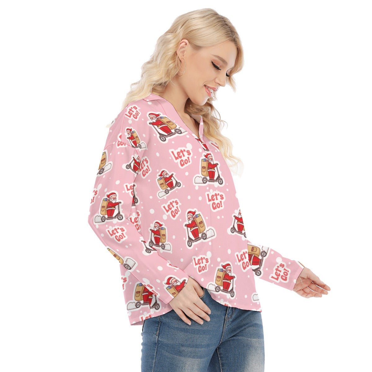 Women's Christmas Blouse - Pink "Let's Go" - Festive Style