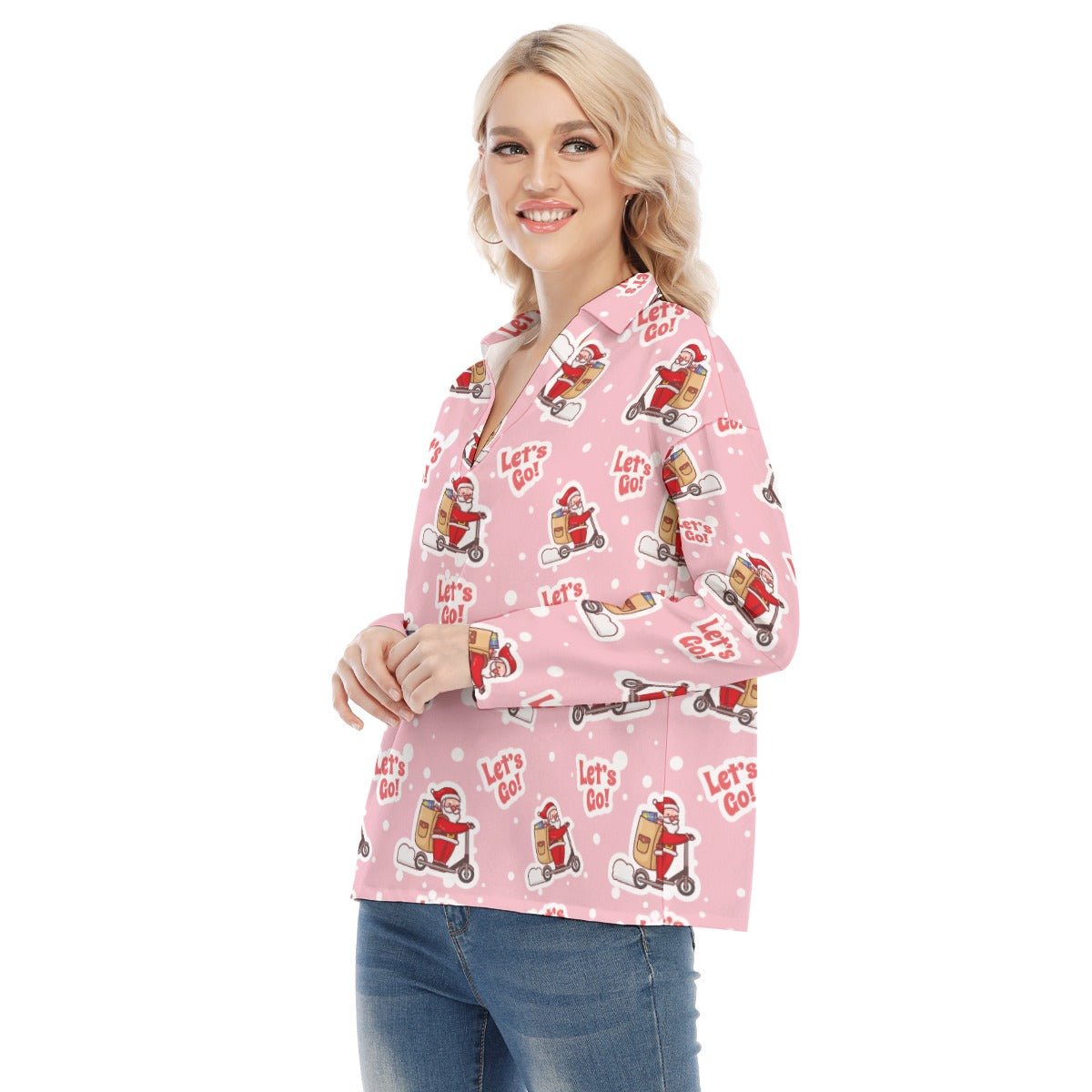 Women's Christmas Blouse - Pink "Let's Go" - Festive Style