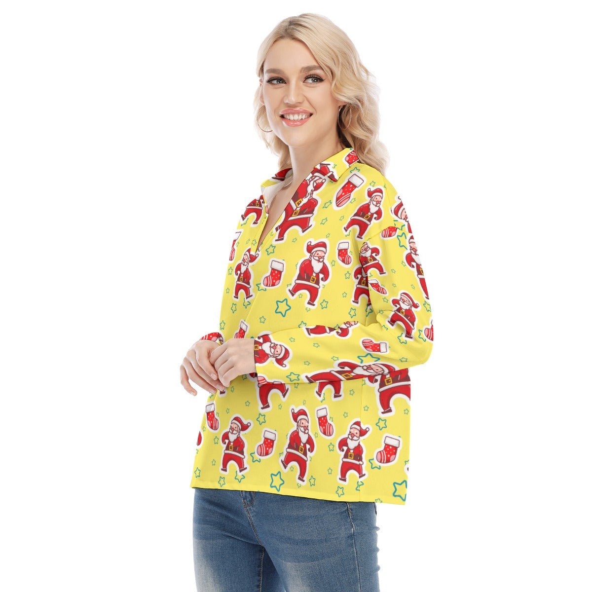 Women's Christmas Blouse - Santa and Stars - Festive Style