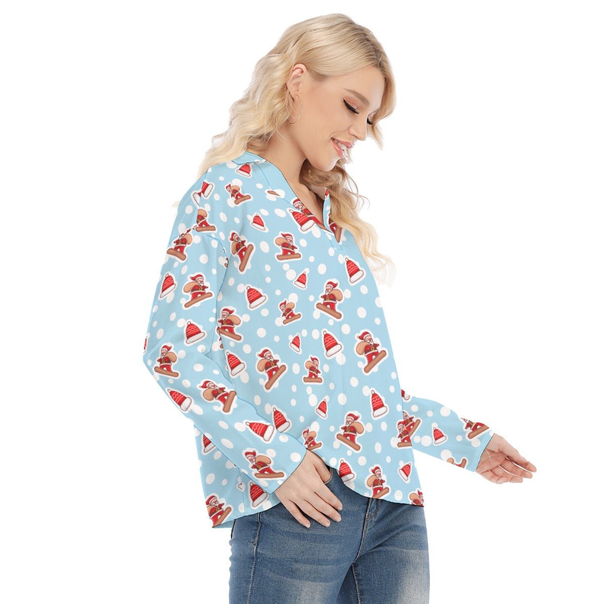 Women's Christmas Blouse - Santa Snowboarding - Festive Style