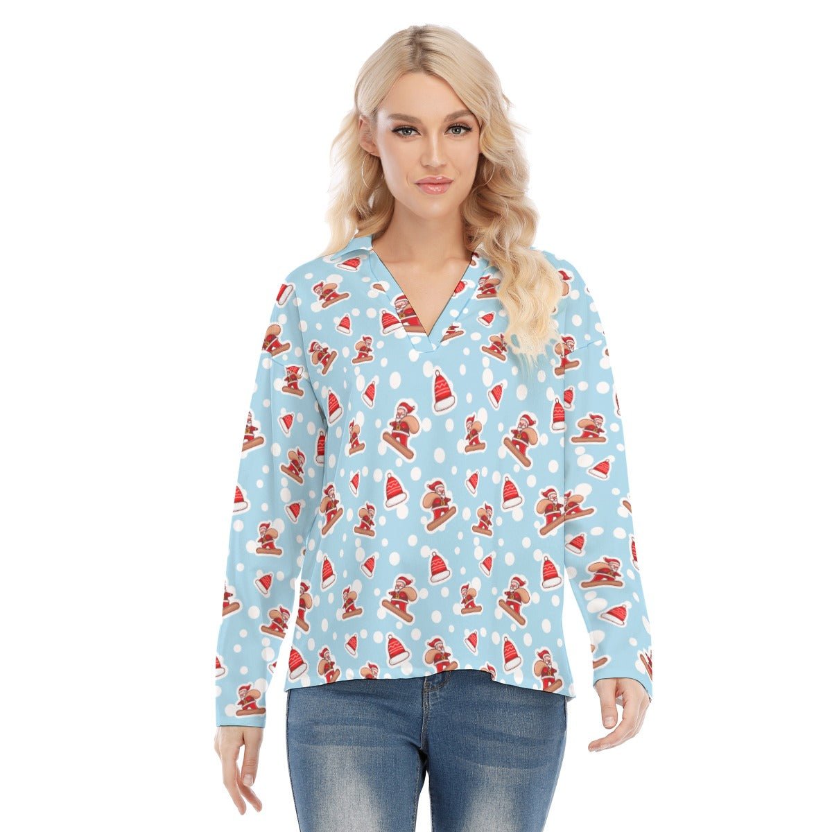 Women's Christmas Blouse - Santa Snowboarding - Festive Style