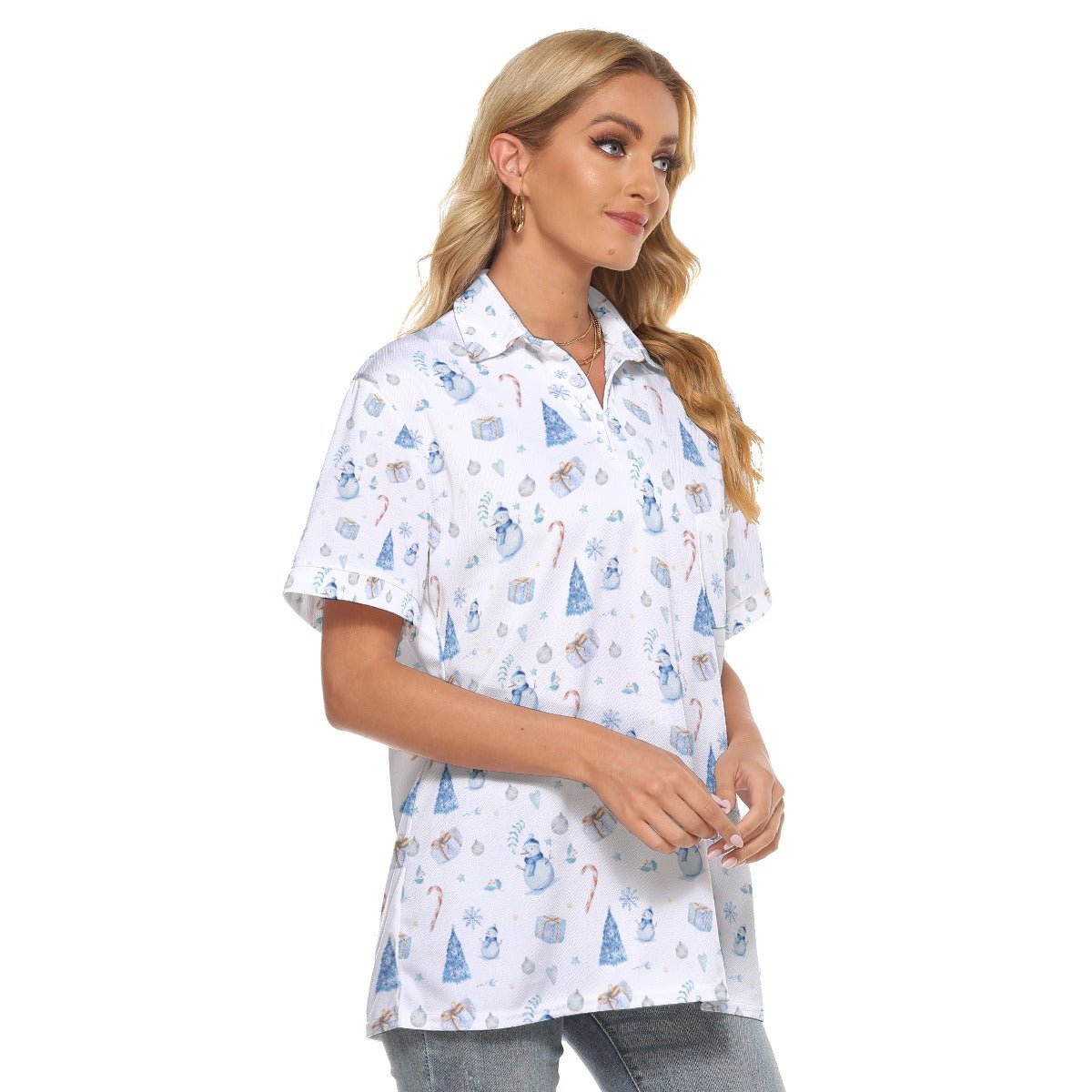 Women's Christmas Polo T-Shirt - Blue Pattern - Festive Style