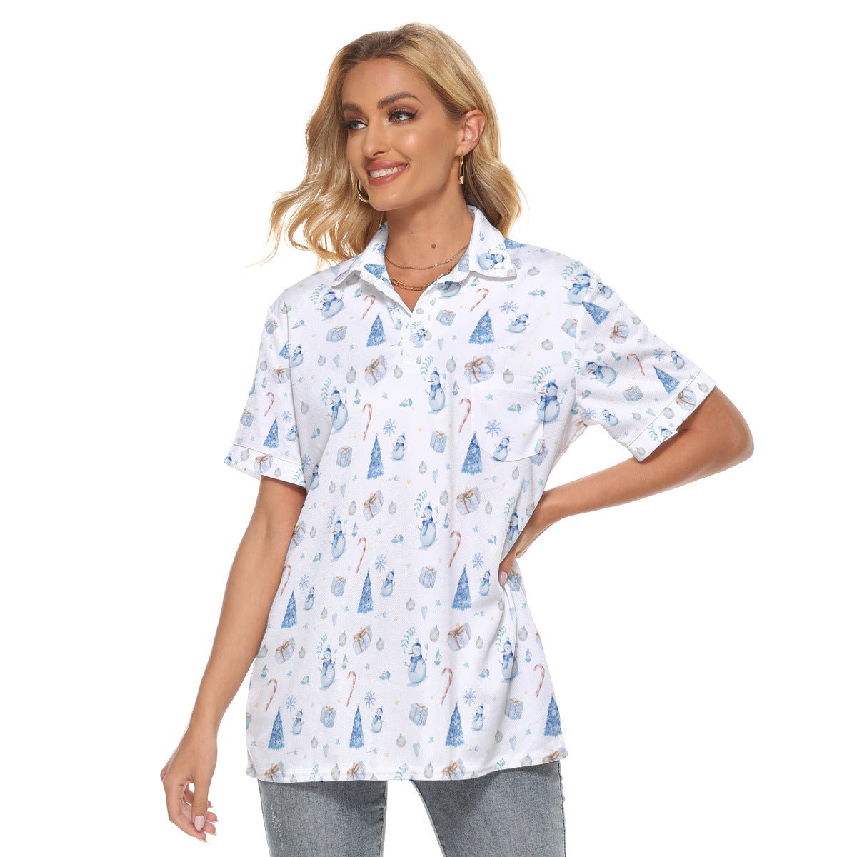 Women's Christmas Polo T-Shirt - Blue Pattern - Festive Style