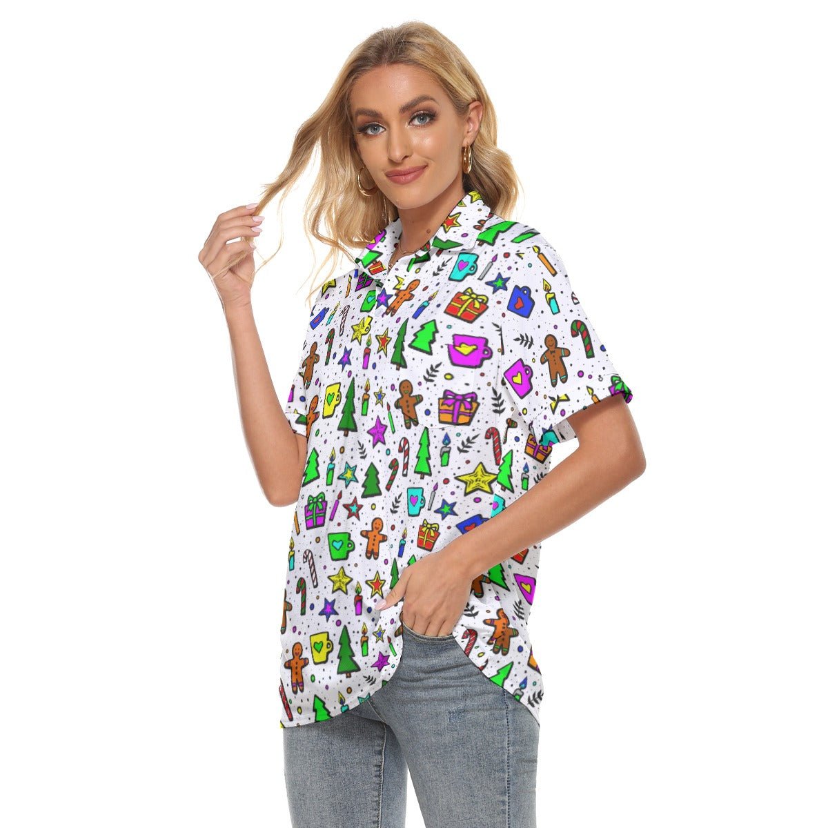 Women's Christmas Polo T-Shirt - Bright Doodle - Festive Style