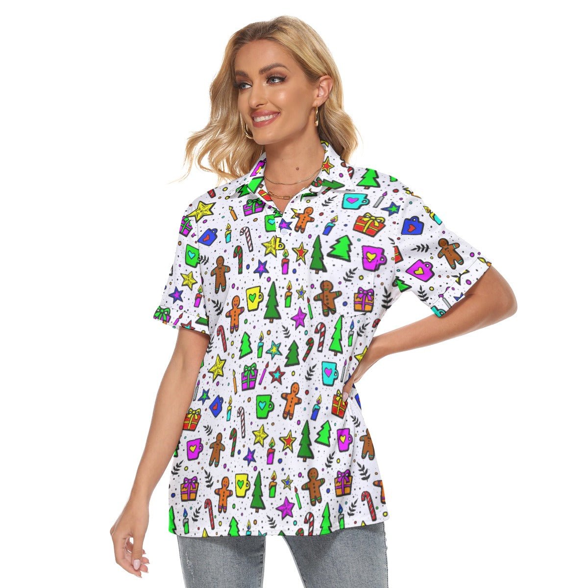 Women's Christmas Polo T-Shirt - Bright Doodle - Festive Style