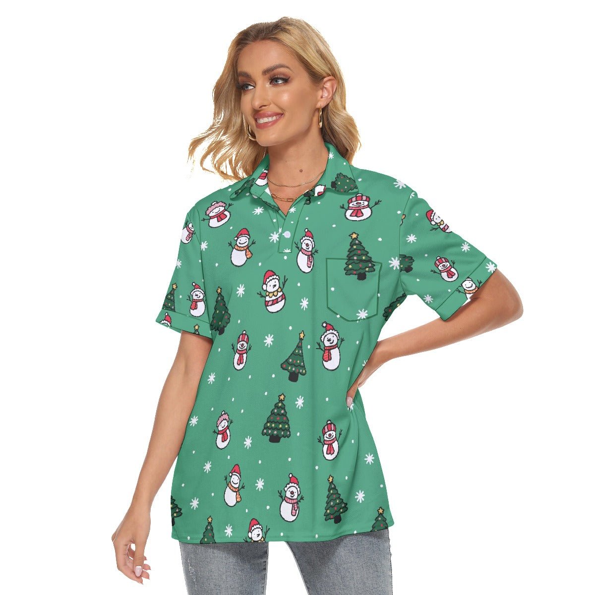 Women's Christmas Polo T-Shirt - Green Snowman - Festive Style