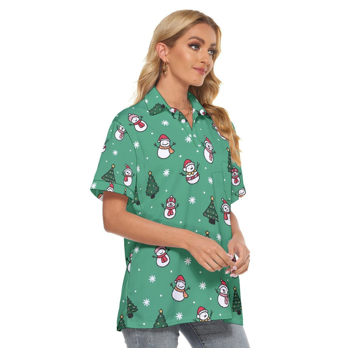 Women's Christmas Polo T-Shirt - Green Snowman - Festive Style