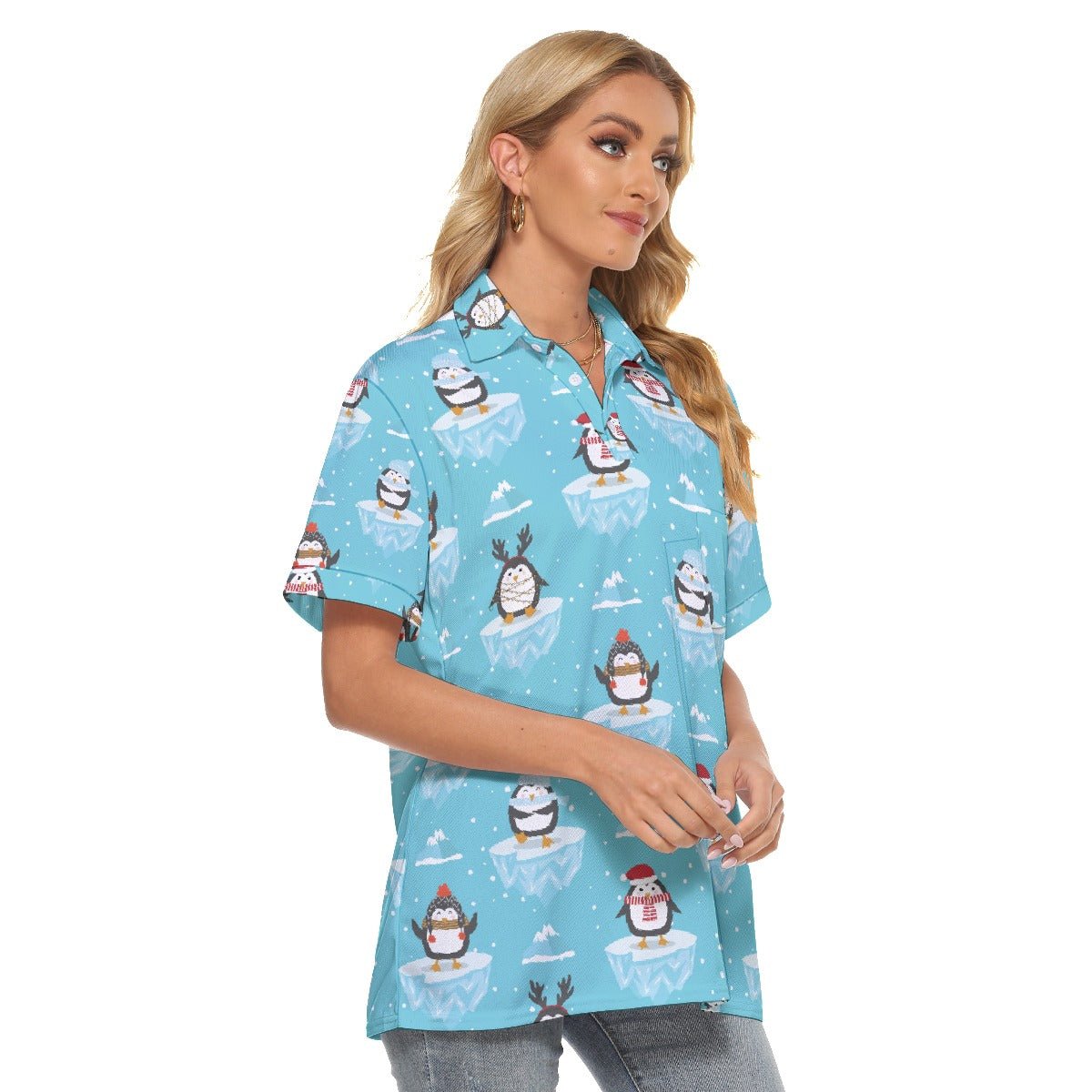 Women's Christmas Polo T-Shirt - Icy Penguins - Festive Style