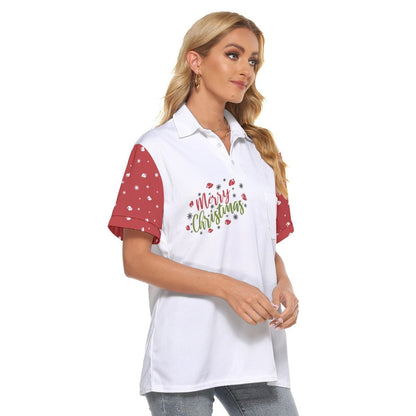 Women's Christmas Polo T-Shirt - Merry Christmas - Red Sleeves - Festive Style