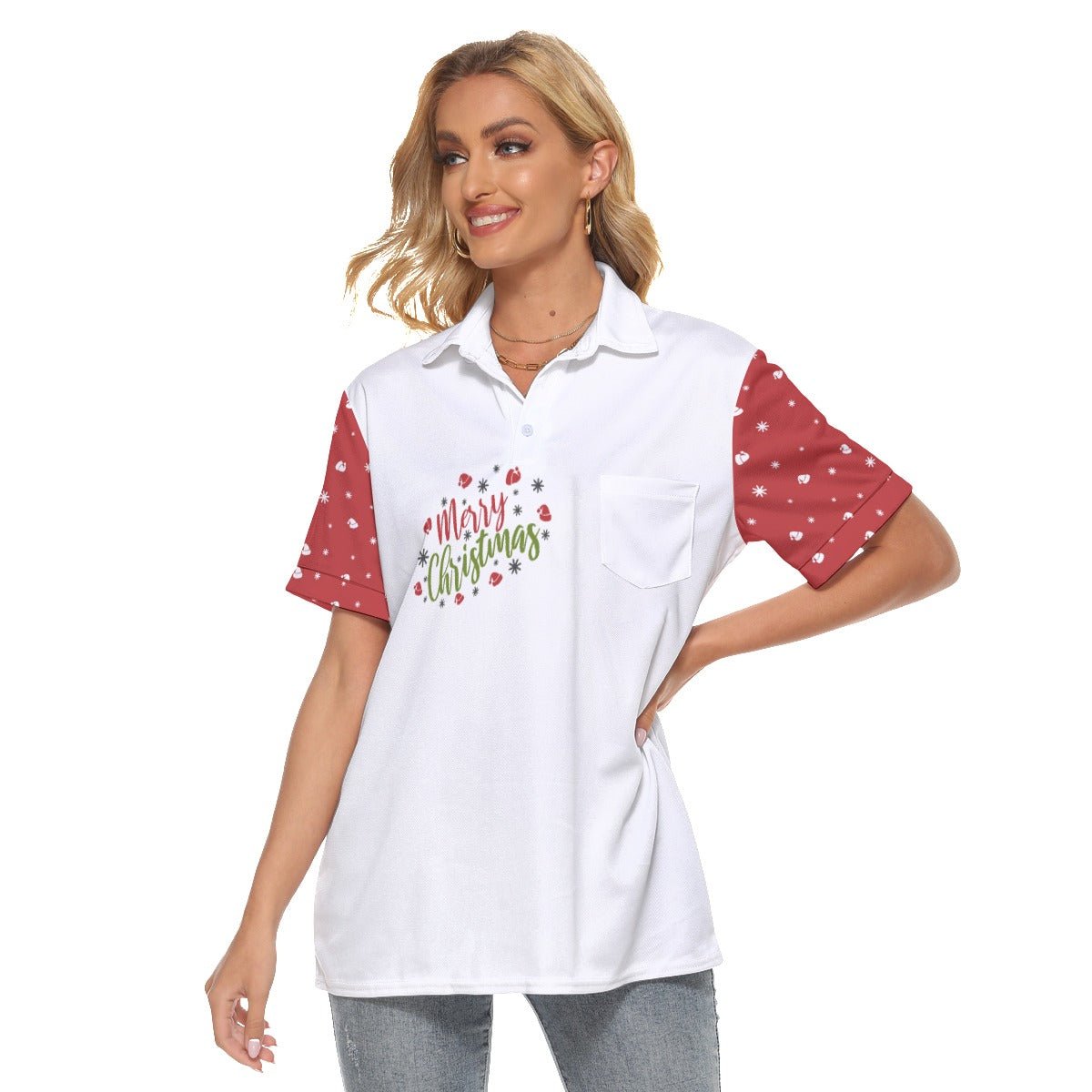 Women's Christmas Polo T-Shirt - Merry Christmas - Red Sleeves - Festive Style