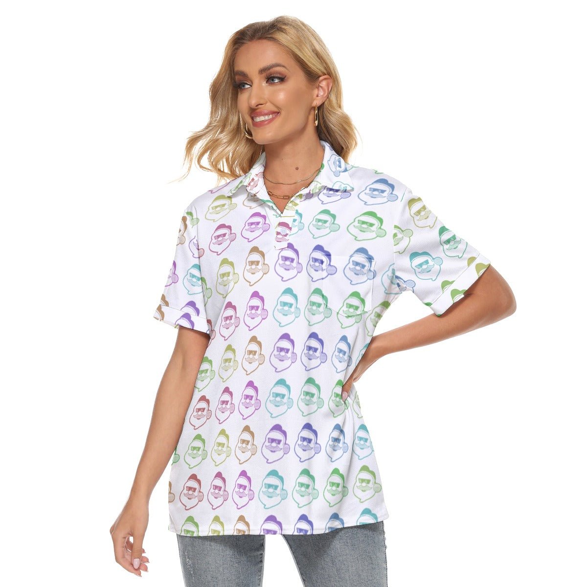 Women's Christmas Polo T-Shirt - Rainbow - Boss Santa - Festive Style