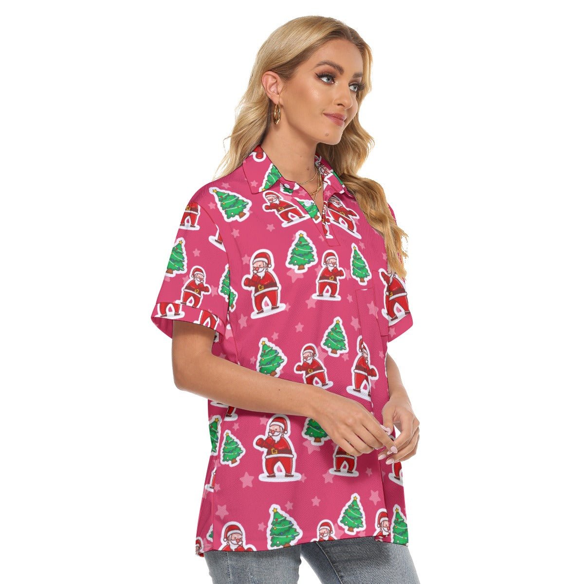 Women's Christmas Polo T-Shirt - Red Santa Boxing - Festive Style