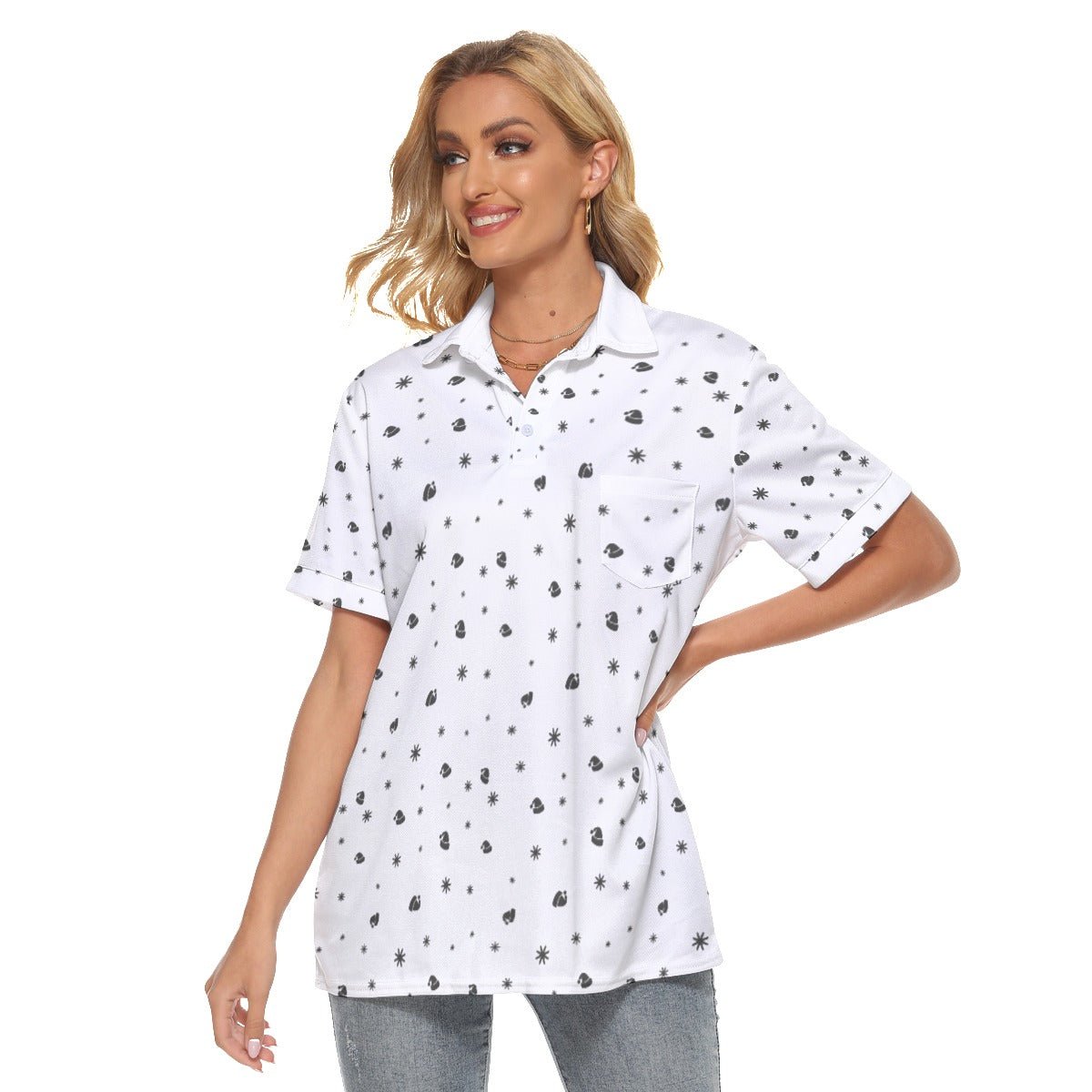 Women's Christmas Polo T-Shirt - Snowflakes and Hats - Festive Style