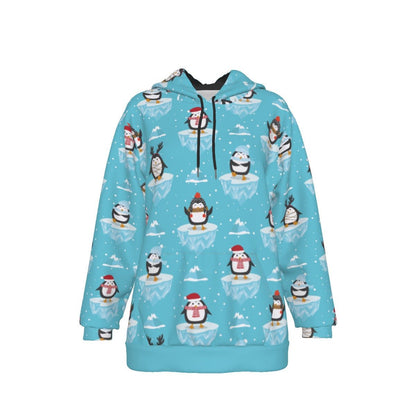 Women's Fleece Christmas Hoodie- Icy Penguins - Festive Style