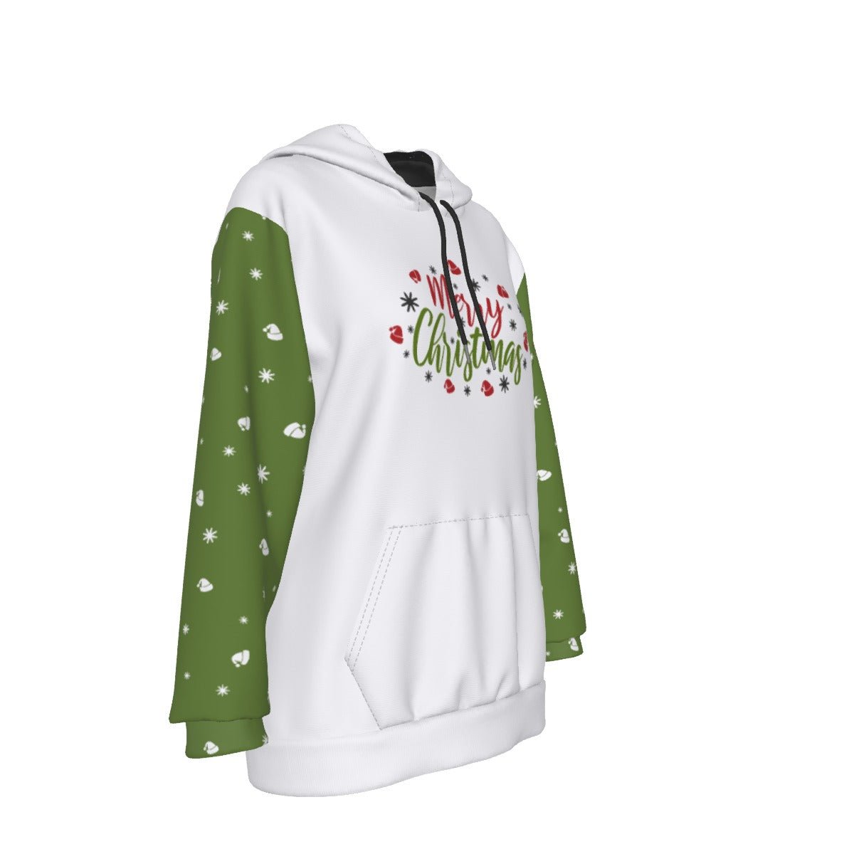 Women's Fleece Christmas Hoodie - Merry Christmas - Green Sleeves - Festive Style