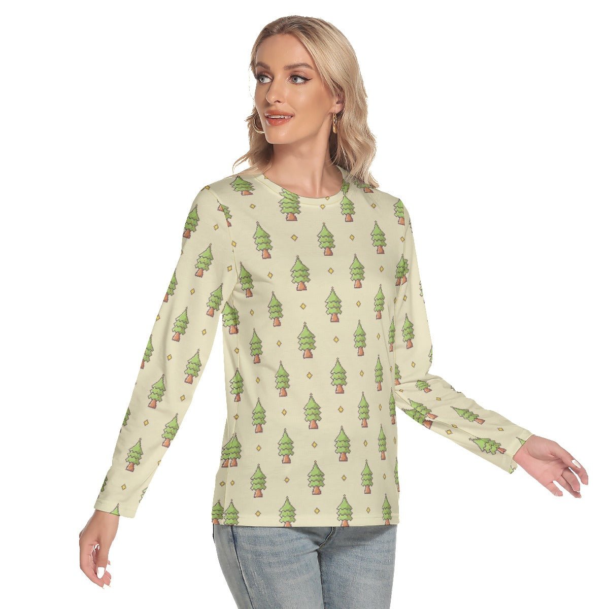 Women's Long Sleeve Christmas T-shirt - 16-Bit Christmas Trees - Festive Style