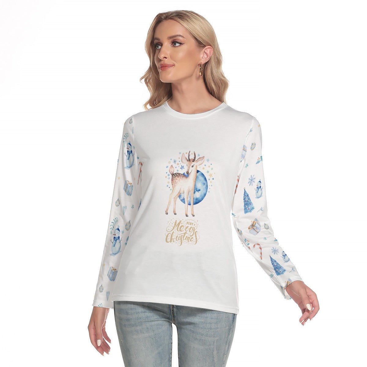 Women's Long Sleeve Christmas T-shirt - Blue Reindeer - Festive Style