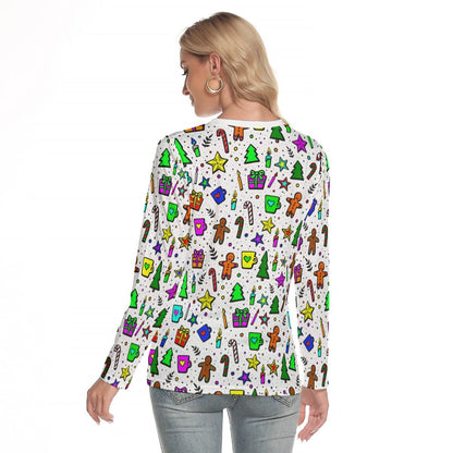 Women's Long Sleeve Christmas T-shirt - Bright Doodle - Festive Style
