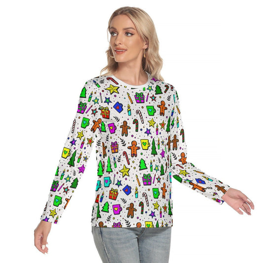 Women's Long Sleeve Christmas T-shirt - Bright Doodle - Festive Style