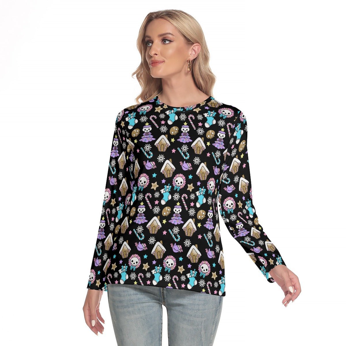 Women's Long Sleeve Christmas T-shirt - Creepy Kawaii - Black - Festive Style
