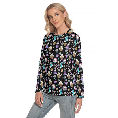 Women's Long Sleeve Christmas T-shirt - Creepy Kawaii - Black - Festive Style