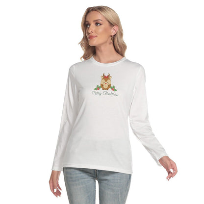 Women's Long Sleeve Christmas T-shirt - Cute Reindeer - Festive Style