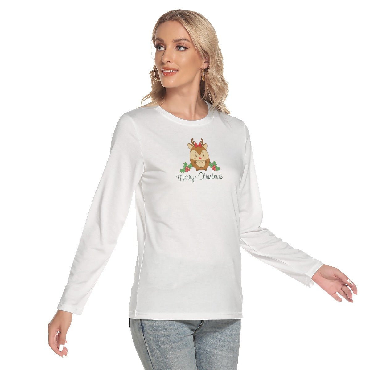 Women's Long Sleeve Christmas T-shirt - Cute Reindeer - Festive Style