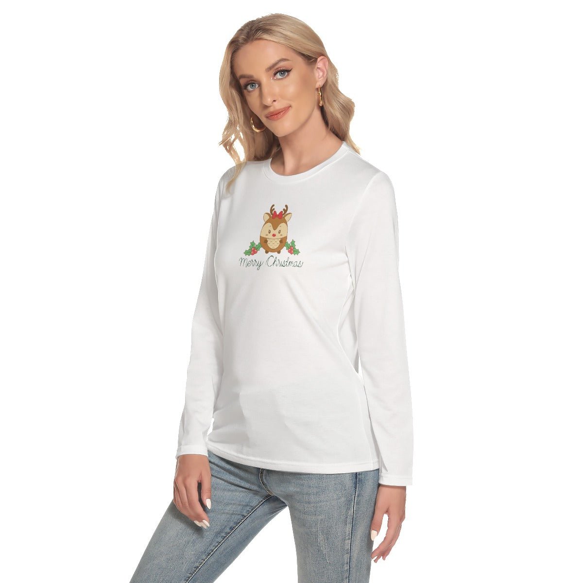 Women's Long Sleeve Christmas T-shirt - Cute Reindeer - Festive Style