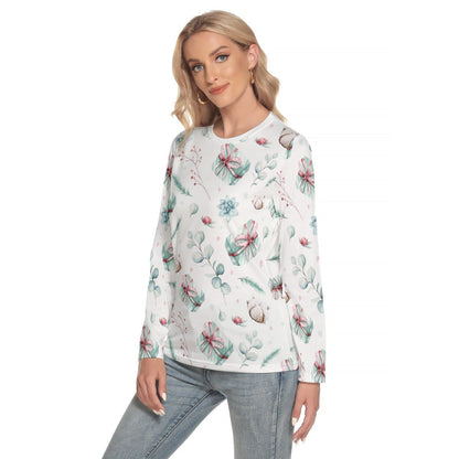 Women's Long Sleeve Christmas T-shirt - Green Pattern - Festive Style