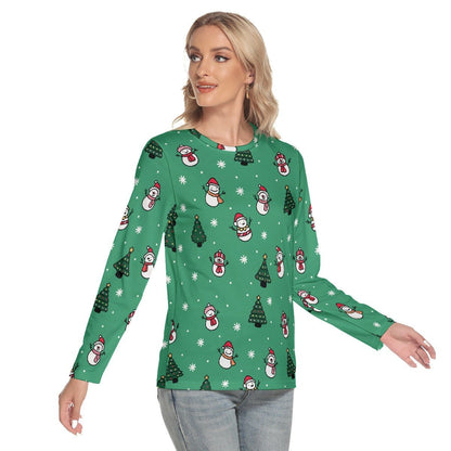 Women's Long Sleeve Christmas T-shirt- Green Snowman - Festive Style