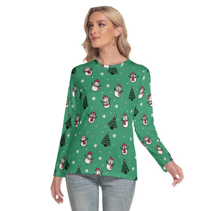 Women's Long Sleeve Christmas T-shirt- Green Snowman - Festive Style