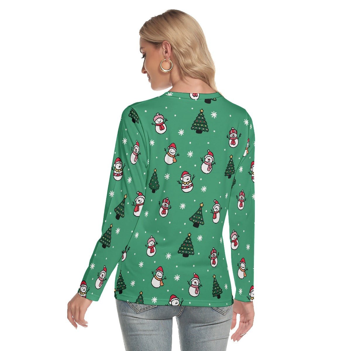 Women's Long Sleeve Christmas T-shirt- Green Snowman - Festive Style