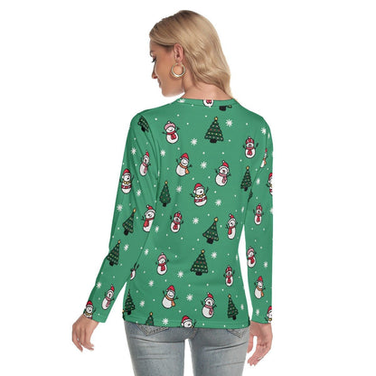 Women's Long Sleeve Christmas T-shirt- Green Snowman - Festive Style