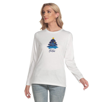 Women's Long Sleeve Christmas T-shirt - Merry Christmas - Blue Tree - Festive Style